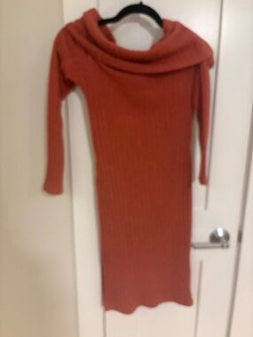 Charlotte Russe Rust Ribbed Off-Shoulder Sweater Dress